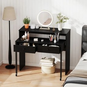 Secretária extensível, mesa pequena para computador com 2 gavetas e rodas 100 x 63 x 88 cm Preta