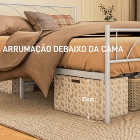 Cama de Casal 135x190 cm Com Cabeceira de Ripas de Aço e Espaço de Arrumação Debaixo da Cama Carga 330 kg Branca