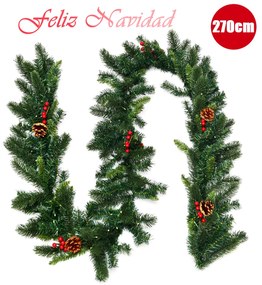 Grinalda de Natal de Pinheiro Iluminado 270 cm Grinalda de Natal Artificial com 100 Luzes LED Bagas Vermelhas Cones de Pinheiro Decorativas com Temporizador