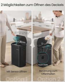 Caixote do lixo automático com sensor e tampa em aço com fecho suave 42,5 x 27,1 x 58,7 cm Preto