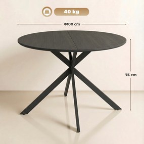 Mesa de Jantar Redonda, 100 x 100 x 75 cm (CADEIRAS NÃO INCLUIDAS), Tampo com Aspeto de Madeira, Preto