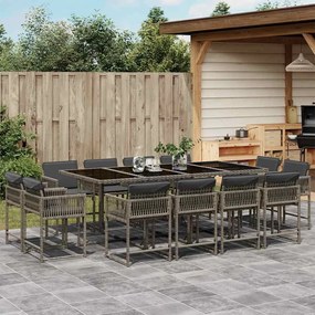 13 pcs conjunto jantar p/ jardim c/ almofadões vime PE cinzento