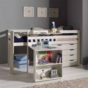 Conjunto Cama alta de Criança PINO 90 x 200 cm + estrado + escada + secretária extensível + cómoda com 4 gavetas + prateleira suspensa Branca