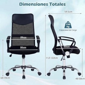Cadeira de escritório ergonómica com rodas, altura 112-122 cm, braços, encosto em malha e couro PVC, reclinação, capacidade de 150 kg, preta