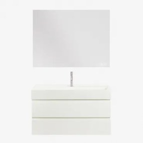 Conjunto De Móvel De Casa De Banho Suspenso Em Madeira E Folha De Freixo Com Lavatório Integrado Ona Branco & Retangular Led - Sklum