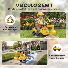 Escavadora sem Pedais para Crianças 1-3 Anos com Buzina de Ar Braço Escavador e Arrumação 15 kg Amarelo