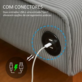 Sofá de 2 Lugares Estofado em Veludo Cotelê Sofá Sala de Estar com 2 Entradas USB 1 Entrada Tipo C 110x60x85 cm Cinza