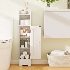 Armário estreito para casa de banho com porta e prateleiras ajustáveis, suporte para rolo de papel higiénico 18 x 19,5 x 80 cm Branco