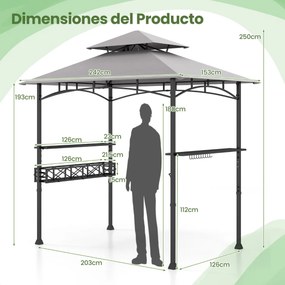 Pergula tenda para churrascos 242 x 153 cm com 2 prateleiras laterais, cesto, ganchos, abridor de garrafas, estrutura de metal para jardim ou pátio Ci