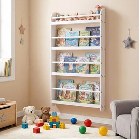 Estante infantil de parede com 4 níveis 56 x 12 x 107 cm, prateleiras abertas, barras de segurança e bordas elevadas para quarto infantil ou sala de a
