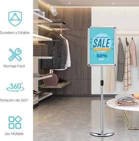 Conjunto de 2 suportes de pé A3 para cartazes de metal, cartazes de quadro, menus, publicidade exterior, altura ajustável, giratório, prateado