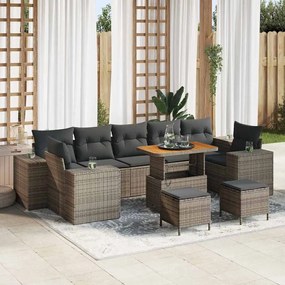 vidaXL Conjunto de Sofá de Jardim de 10 Peças com Almofadas Cinza Rattan Poliéster Acácia