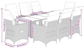 9 pcs conjunto de bistrô para jardim c/ almofadões vime PE bege