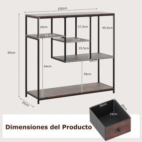 Mesa Consola 100 cm com Gaveta de Armazenamento e Estante de 4 Níveis Estilo Industrial para Sala e Corredor Castanho rústico e preto