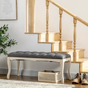 Banco estofado estilo clássico, 110 cm, para colocar ao pé da cama, estofado em linho, com base em madeira de hevea esculpida, linho cinzento