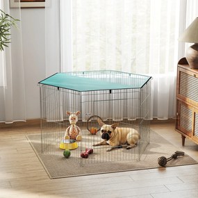 Parque para cães de 76 cm de altura, recinto para cães com 6 painéis e teto, modular e dobrável, recinto portátil com porta verde e prateada