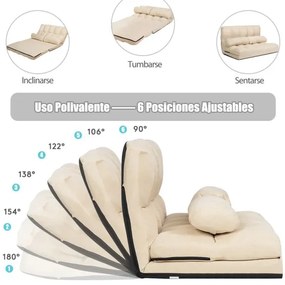 Sofá de chão ajustável Sofá-cama dobrável em 6 posições Revestimento removível em camurça com 2 almofada Bege