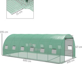 Estufa Tipo Túnel 6x3x2 m com Sistema de Rega Integrado 12 Janelas com Rede e 1 Porta Enrolável Verde