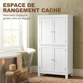 Armário de Casa de Banho, 60 x 30 x 110 cm, 4 Portas e Prateleiras Reguláveis, Branco