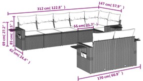 8 pcs conjunto sofás de jardim c/ almofadões vime PE castanho