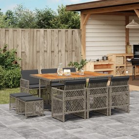 vidaXL 11 pcs conjunto jantar p/ jardim c/ almofadões vime PE cinzento