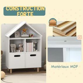 Estante infantil, móvel de arrumação para crianças 63,7 x 29,7 x 89 cm com 3 níveis e duas gavetas, em forma de casa branca