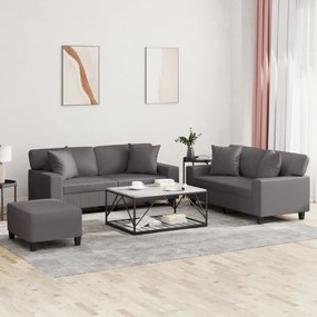 vidaXL 3 pcs conjunto de sofás com almofadas couro artificial cinzento