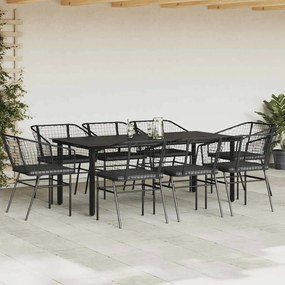 Conjunto de jantar jardim 9 peças almofadas vidro vime PE preto