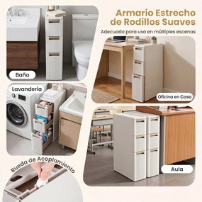 Móvel de Arrumação Estreito com 3 Gavetas, 45,5 x 18 x 76 cm, Com Rodas, Bege