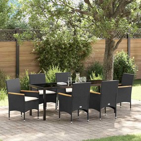 Conjunto de Jantar de Jardim vidaXL 7 Peças com Almofadas Rattan Poliéster Preto