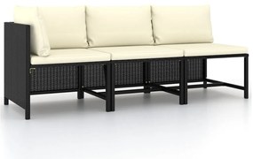 3 pcs conjunto sofás de jardim com almofadões vime PE preto