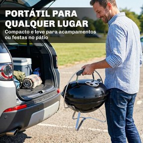Grelhador de Carvão Portátil com Tampa Suporte Grelha Ventilação Ajustável Ø41x44 cm Preto