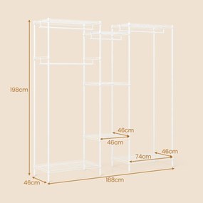 Guarda-roupa aberto portátil 188 x 46 x 198 cm conversível L metálico com 7 prateleiras ajustáveis 4 barras Carga 530 kg Branco