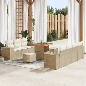Conjunto de Sofá de Jardim de 10 Peças com Almofadas Bege Rattan Polié