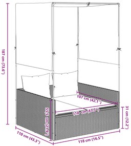 Espreguiçadeira dupla com teto e cortinas vime PE bege