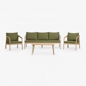 Conjunto De Sala Em Madeira De Acácia Kaela Marrom Acácia Claro & 3 Lugares & Bouclé Verde Sálvia - Sklum