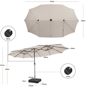 Guarda-sol dupla face de 470 cm com base Areia e 48 luzes LED Painel solar de carregamento automático Mecanismo de manivela Bege