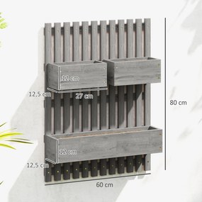 Floreira de parede 60 x 16 x 80 cm para horta com 3 vasos removíveis em madeira maciça, tecido não tecido, cinzento