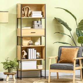 Estante Industrial Estante para Livros com Gaveta e Prateleiras e Estrutura de Metal 60x30x173 cm Madeira e Preto