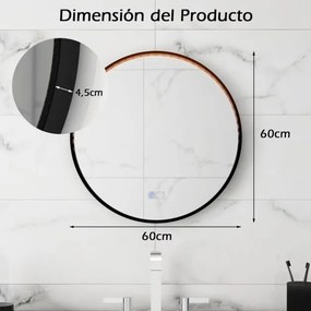 Espelho de banho redondo antiembaciamento LED 60 x 60 cm com função de memória Moldura de alumínio Preto