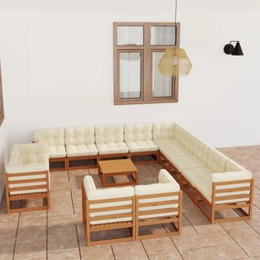 14 pcs conj. lounge jardim almofadões pinho maciço castanho mel