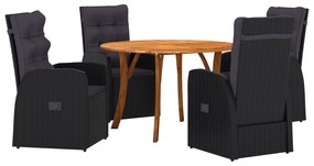 vidaXL Conjunto de Jantar de 5 Peças com Almofadas Preto Rattan Acácia
