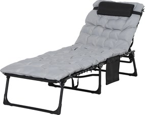 Espreguiçadeira dobrável com almofada, apoio para a cabeça e bolso lateral, reclinável, 58 x 189 x 32,5 cm, cinzento claro