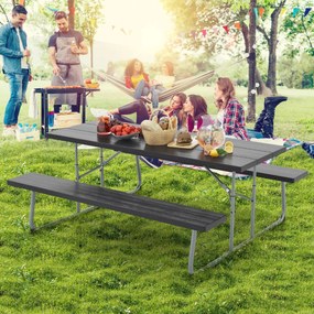 Mesa de piquenique dobrável de 183 cm para 8 pessoas com 2 bancos Estrutura metálica Furo para guarda-sol Preta