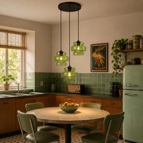 Candeeiro suspenso retro preto com vidro verde 3 luzes - Denise