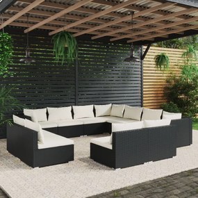 11 pcs conjunto lounge de jardim c/ almofadões vime PE preto