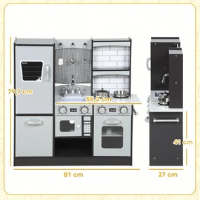Cozinha de Madeira com Som Cozinha de Brincar Infantil com Acessórios em Aço Inoxidável Frigorífico Micro-Ondas, Lava-Loiça 81x27x79,7 cm Castanho Esc