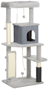 PawHut Arranhador para Gatos Grande Altura 132 cm com Plataformas Postes com Escova Bolas Suspensas e Almofadas para Arranhar Cinza