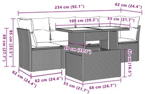 5 pcs conj. sofás jardim c/ almofadões vime PE cinzento-claro