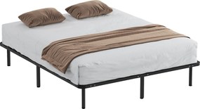 Cama de 160 x 190 cm, cama de casal em madeira maciça com base de ripas e pés, espaço de arrumação por baixo, preta